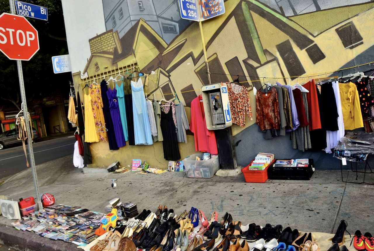 A street vendor displays his wares in the Pico-Union district of Los Angeles, California on a December day, 2020.